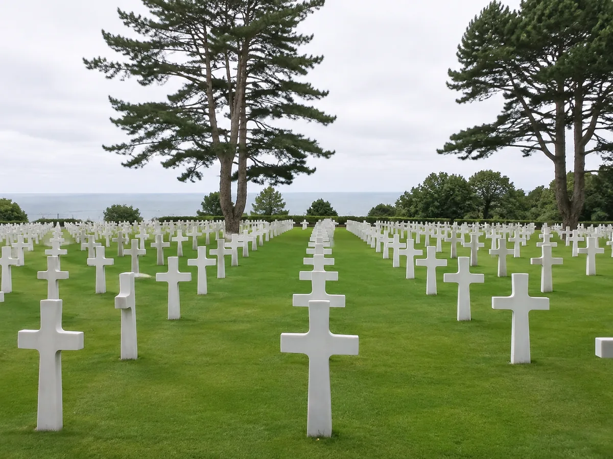 Headstones at the Normandy American Cemetery above Colleville-sur-Mer